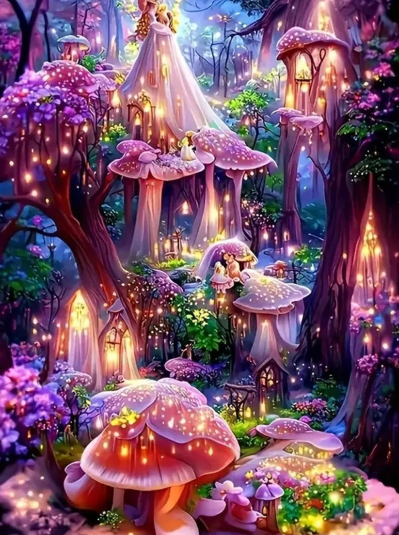 Vibrant Fantasy Mushroom Fairy Tale Scene 5D DIY Diamond Painting Kit – (30 x 40 cm)