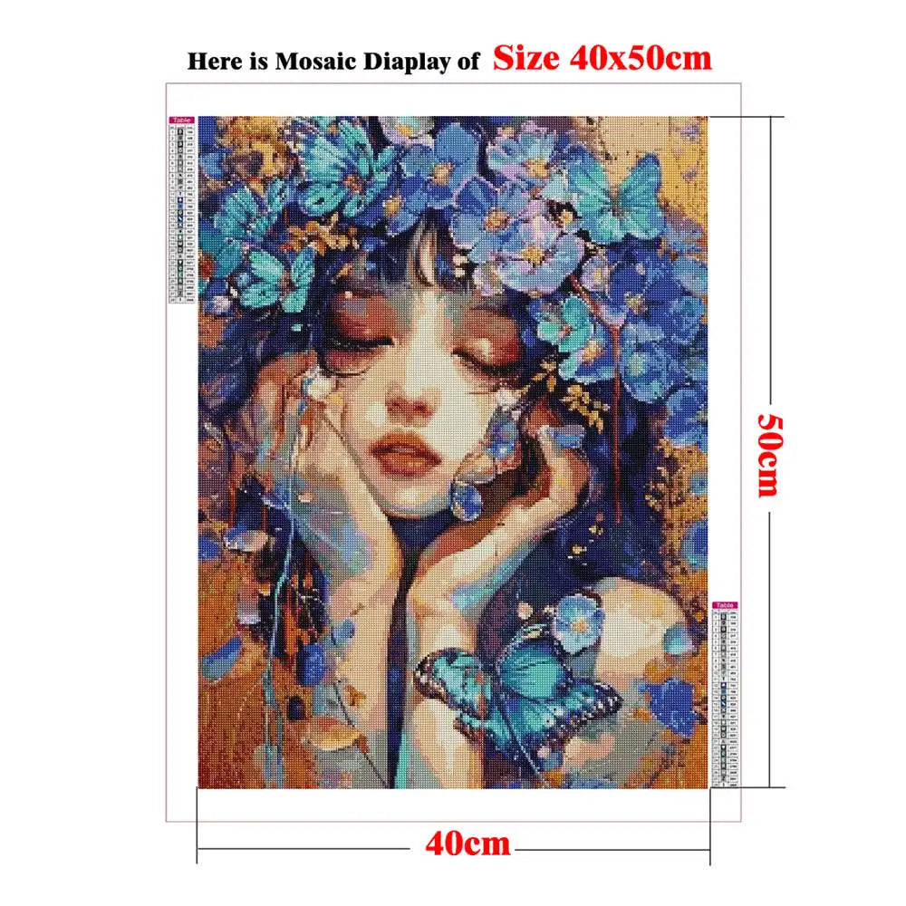 Mosaic display of a woman's face with flowers and butterflies, size 40x50cm