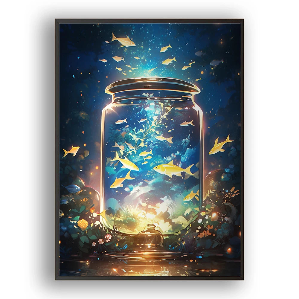 Mystical fish in a glowing jar diamond painting kit featuring dreamy underwater galaxy with floating golden fish – perfect DIY art for home décor and mindfulness mounted on a white wall with a simple frame