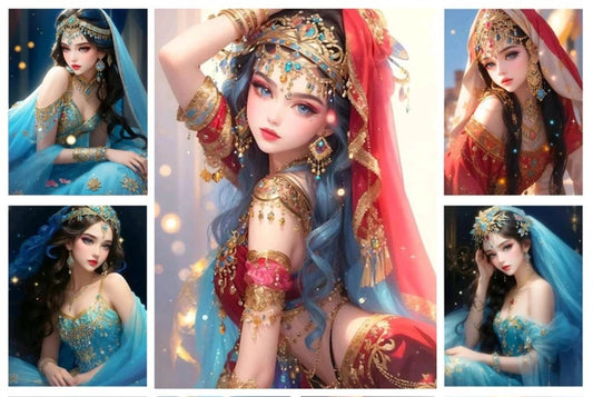 Collage of a resin diamond painting with a woman in elaborate traditional attire, featuring blue, red, and gold colors.