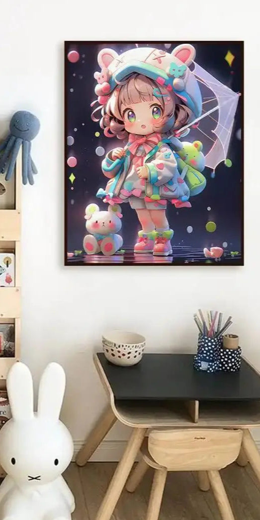 Children's room with a shelf, table, and decorative items including a diamond painting of an animated character.