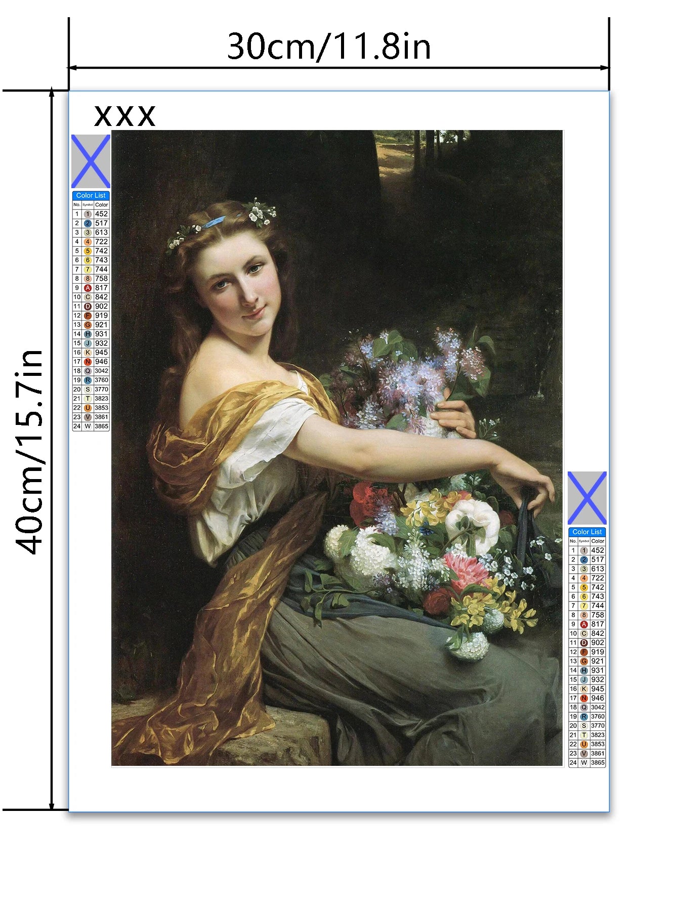 Dimensions of a Renaissance woman holding a large bouquet of flowers. Classical diamond painting. 11.8x 5.7inches
