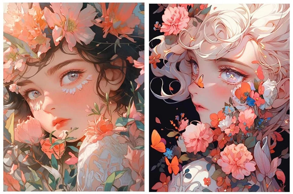 Collage of artistic diamond paintings of a woman with floral and butterfly elements, with a label for print canvas border and stickers.