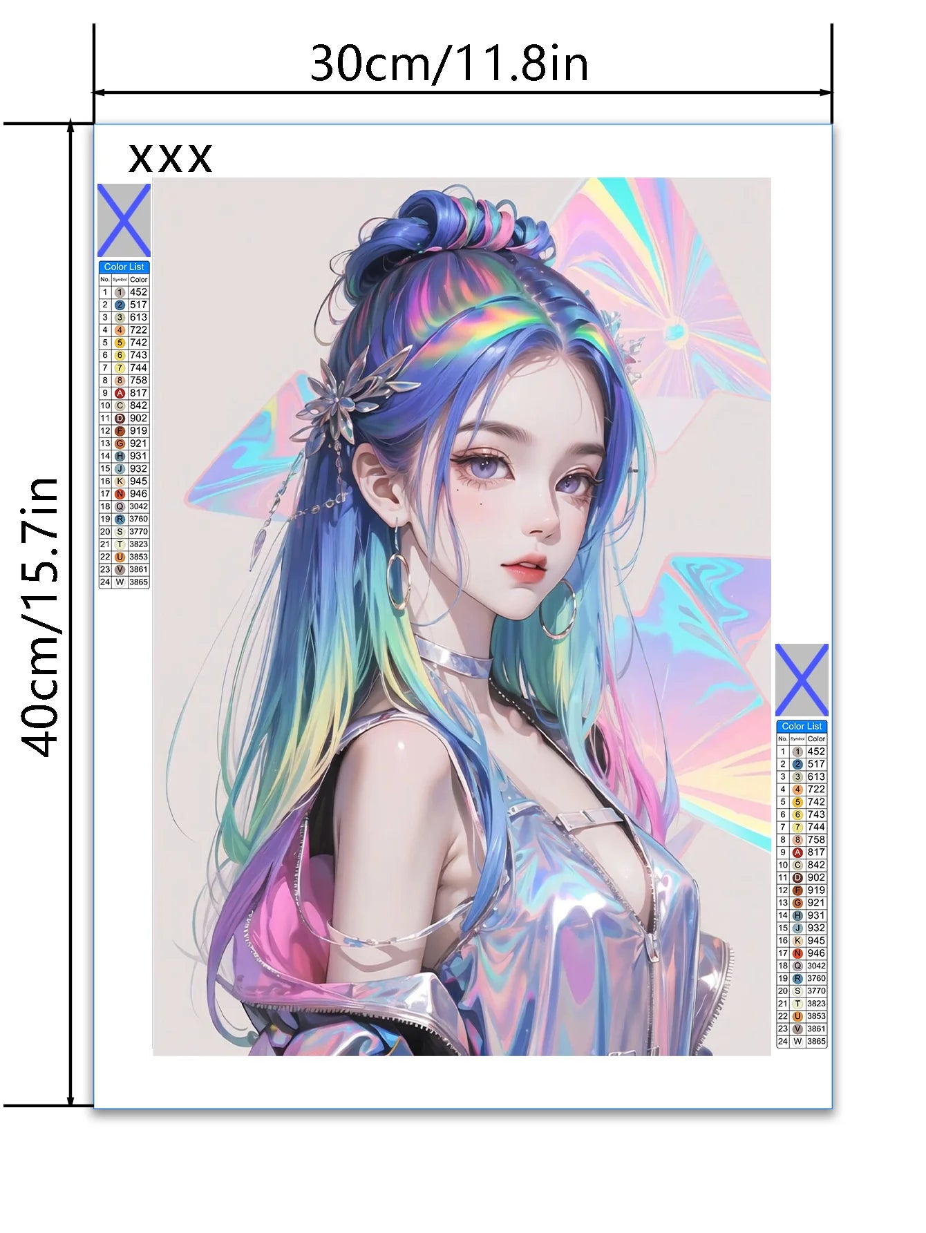 Dimensions of the diamond painting of a Beautiful luminous anime space girl/woman with purple and blonde hair. Multiple sizes available