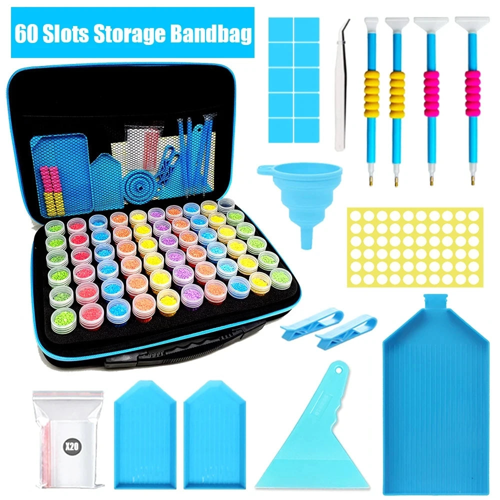 Blue Diamond painting zippered storage organizer case for 60 bottles, tools, trays, and accessories for drill storage and crafting