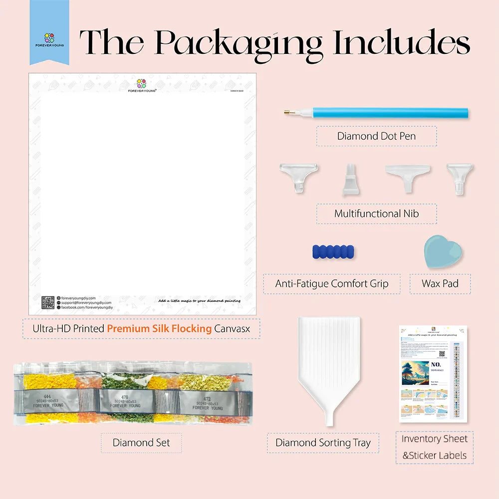 Diamond painting kit product packaging list with various components on a pink background