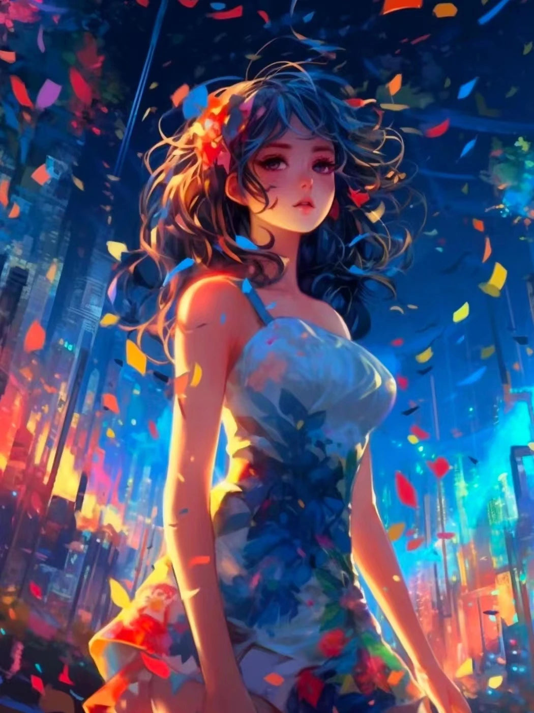 Anime Woman in a colorful dress with confetti against a cityscape at night diamond painting kit