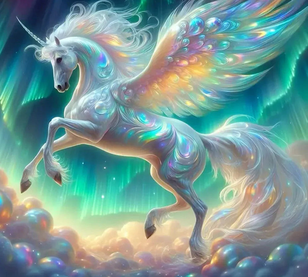 a sparkling unicorn diamond painting kit with the northern lights glowing in the background