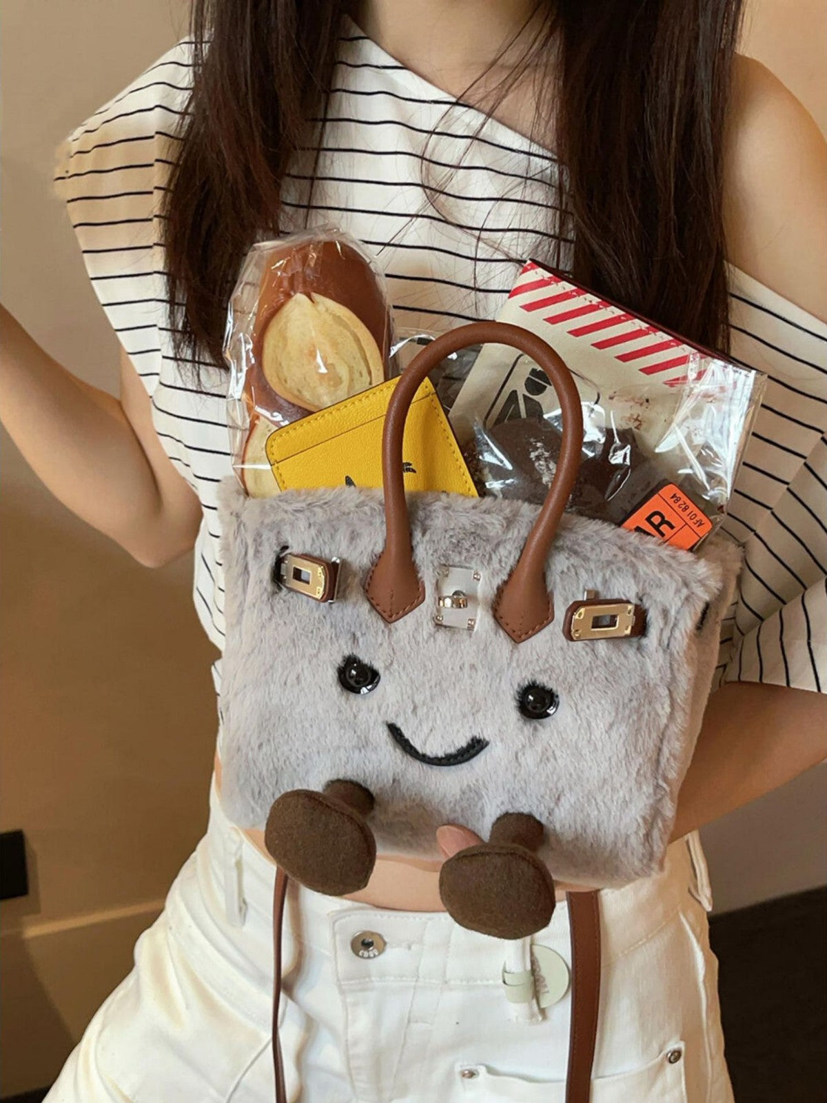 Cute cartoon smiling plush crossbody bag