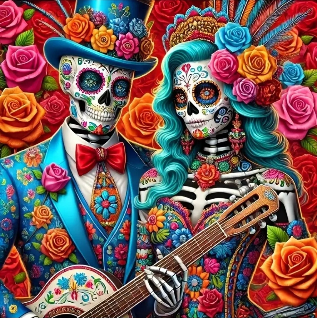Inspired by the rich traditions of Día de los Muertos, this 30x30cm (11.81in x 11.81in) masterpiece features a pair of elegant skeletal figures of a man and woman holding a decorated guitar, and adorned in striking floral attire, vivid patterns, and dazzling colors of red, pink, aqua, white orange and green that pop off the canvas. From the intricate face paint to the flamboyant attire, every detail invites you into a story of beauty, remembrance, and festivity.