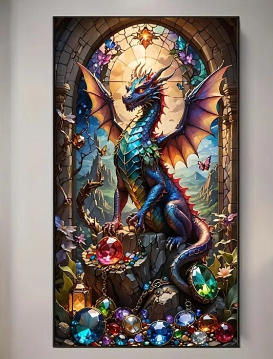 A majestic and  brightly colored dragon sits in a doorway of an ancient castle on top of a dazzling display of precious bright shining gems and crystals. The dragon proudly spreads its wings towards the sky and stands out against a mountainous background that can be seen through the arched doorway.