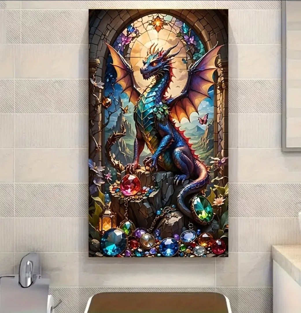 A majestic and  brightly colored dragon sits in a doorway of an ancient castle on top of a dazzling display of precious bright shining gems and crystals. The dragon proudly spreads its wings towards the sky and stands out against a mountainous background that can be seen through the arched doorway.