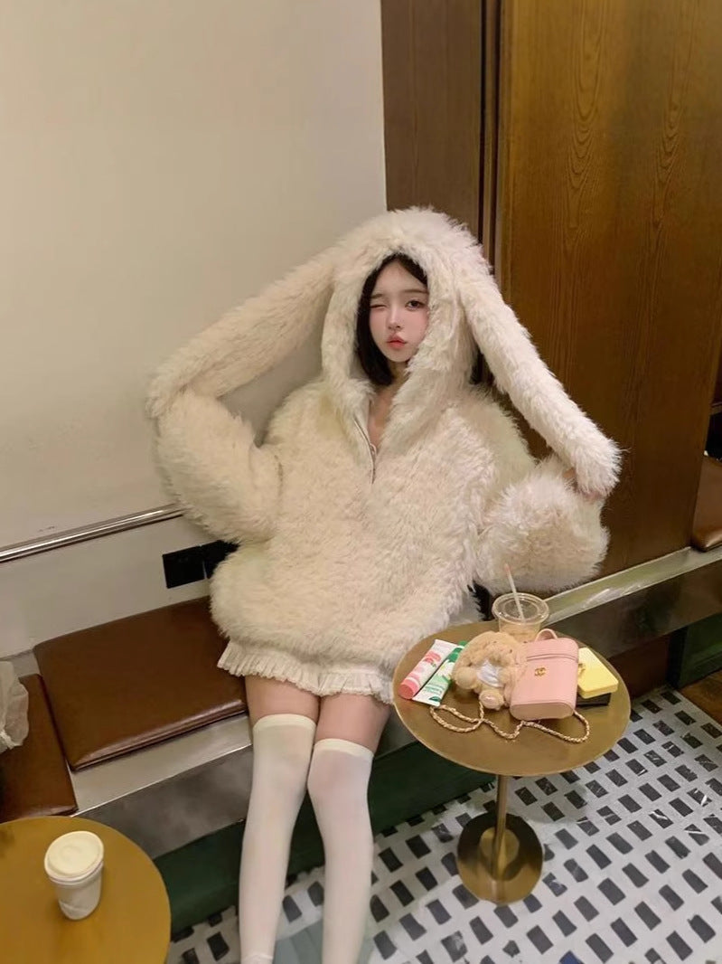 Cute Rabbit Ears Hooded Sweater Women's Winter Loose Cardigan