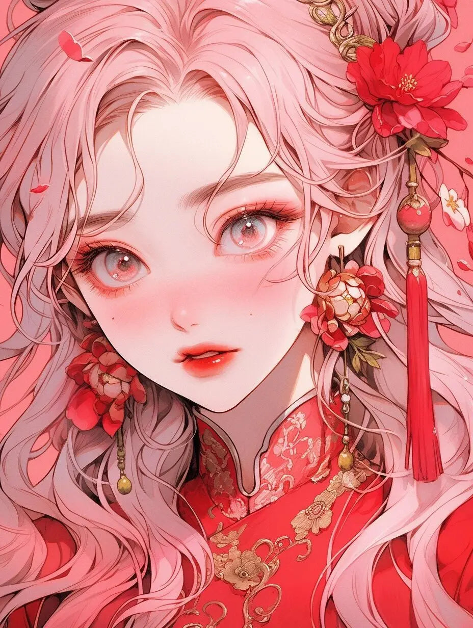 5d Diamond Painting of an anime girl with pink hair and traditional attire, surrounded by flowers and decorative elements.