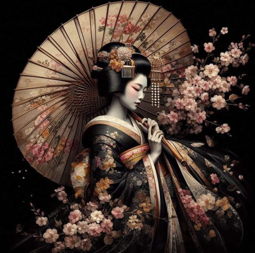 Artistic diamond painting depiction of a geisha with a floral umbrella and cherry blossoms on a dark background