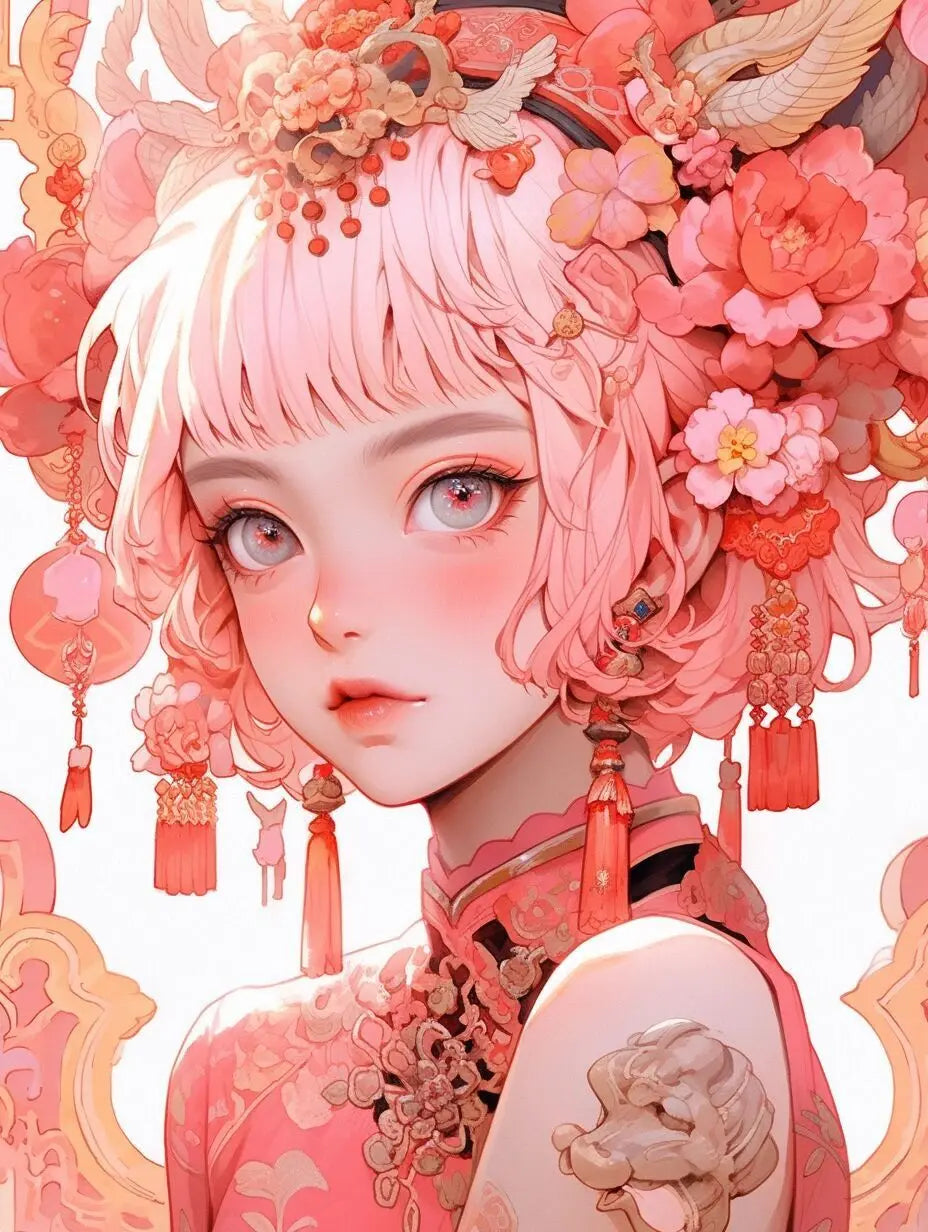 Artistic diamond painting  depiction of a girl with intricate floral and decorative elements.