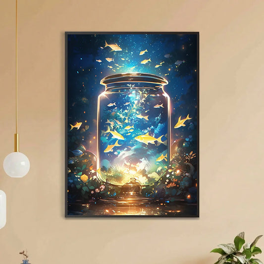 5D Diamond Painting Kit: Mystical fish in a glowing jar diamond painting kit featuring dreamy underwater galaxy with floating golden fish – perfect DIY art for home décor and mindfulness