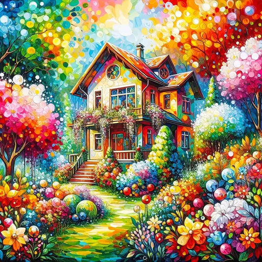 Bright and detailed diamond painting of a fairytale cottage surrounded by blooming rainbow trees and flowers, showcasing vibrant colors and fantasy-style garden scenery.