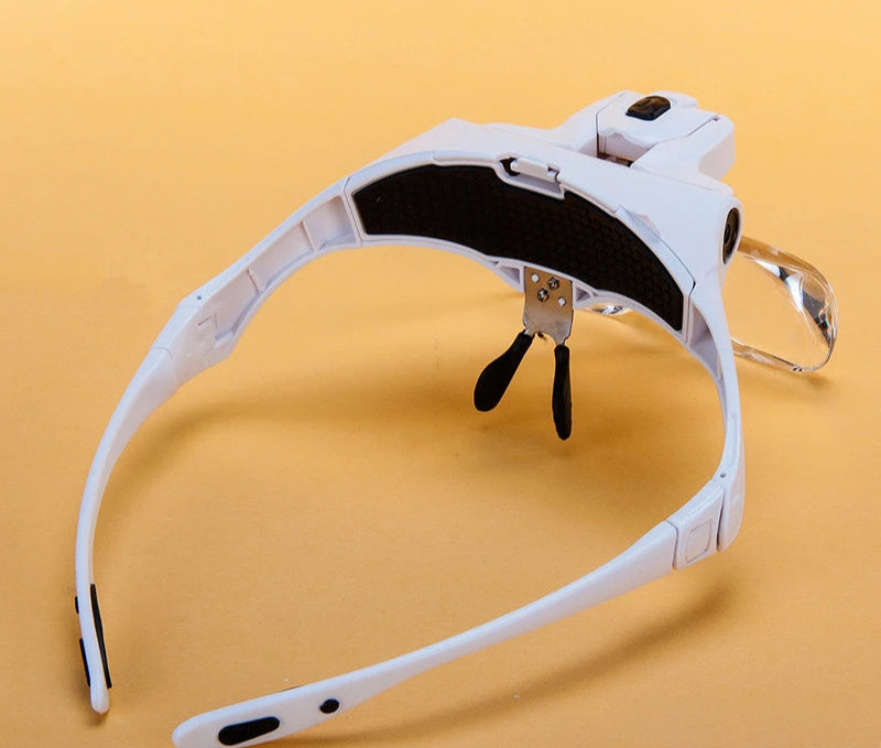 White head-mounted device with black components on a yellow background