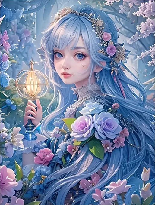Fairy dust Diamond Painting of Anime girl with blue hair and floral attire surrounded by flowers and a lantern.