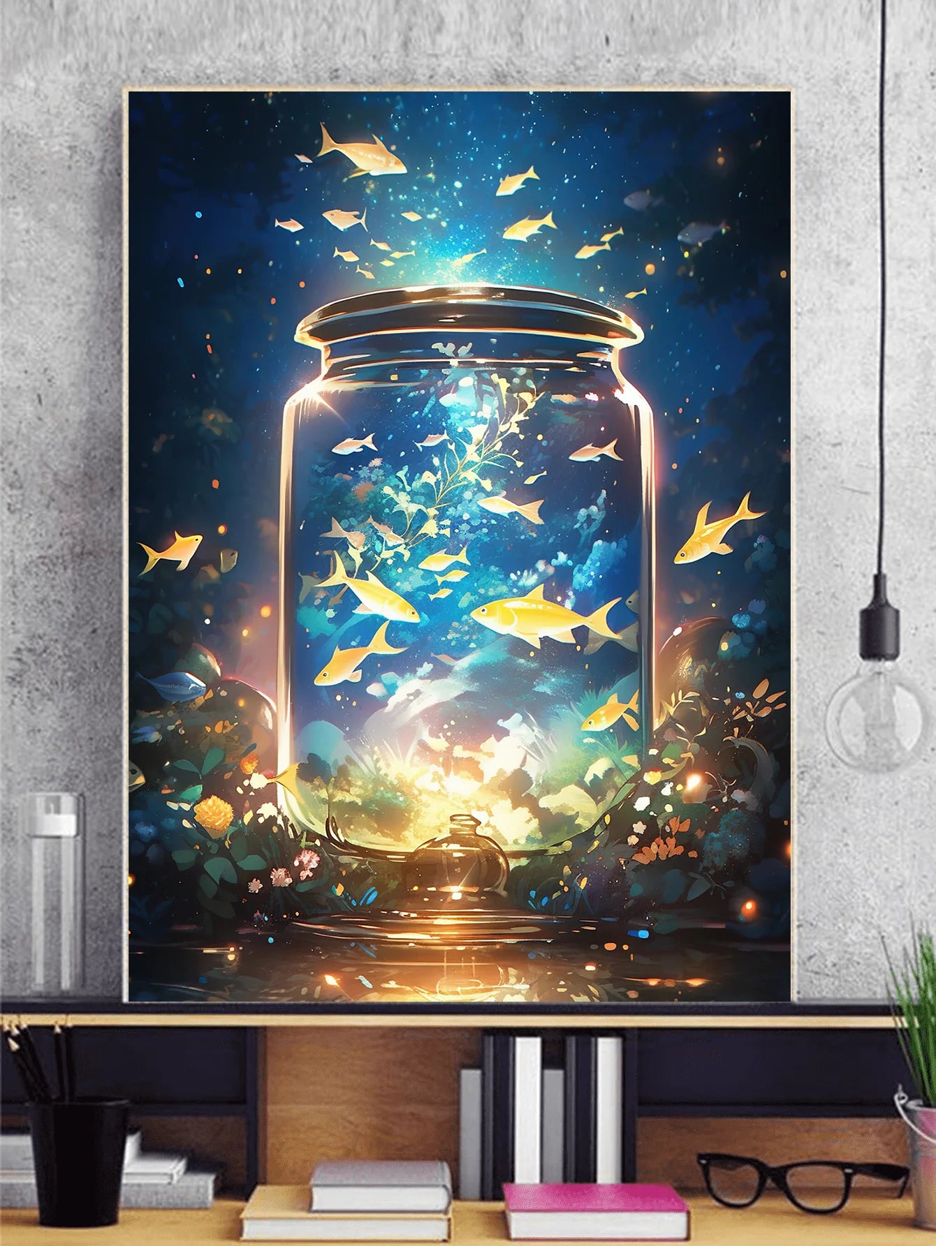 Mystical fish in a glowing jar diamond painting kit featuring dreamy underwater galaxy with floating golden fish – perfect DIY art for home décor and mindfulness mounted above a desk
