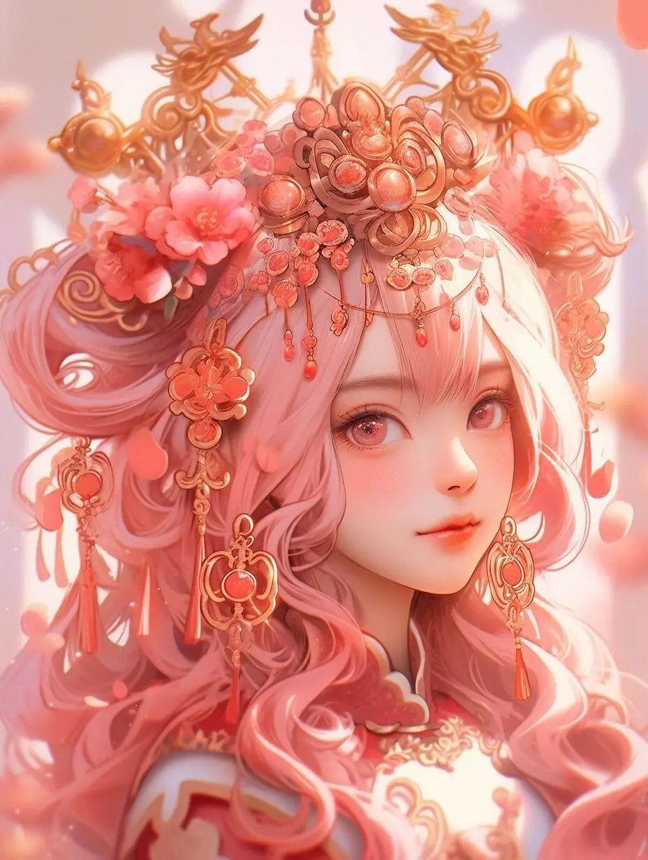 Diamond painting of pink girl with elaborate traditional headgear and pink hair against a soft, blurred background.