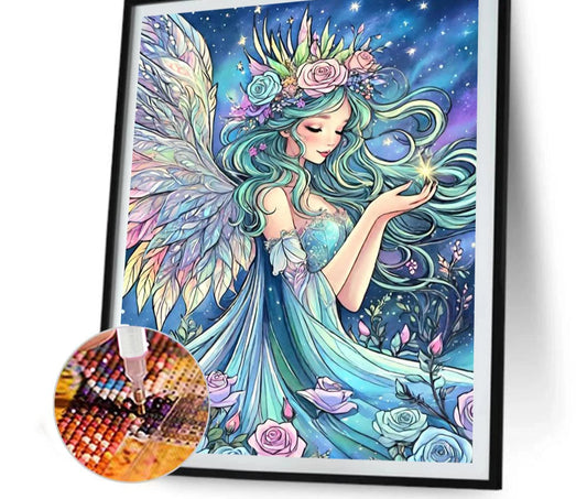 Framed diamond painting  artwork of a fairy with wings and flowers, 