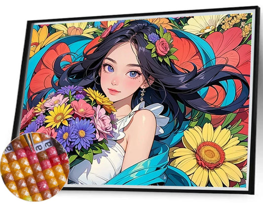 Colorful diamond painting illustration of a woman with flowers in her hair and around her..