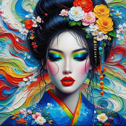 a gorgeous geisha girl  in vibrant hues of green blue red and gold. Her makeup is flawless and she wears opulent colorful flowers in her hair. Behind her, a beautiful swirling oil painted background