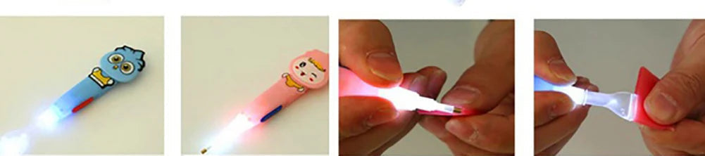 Applying gems with a pink or blue LED cartoon diamond art tool in low light for precise and fun diamond painting sessions. Chick character and smiling face available