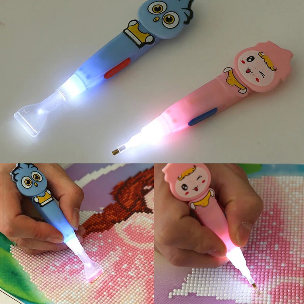Fun and functional pink  and blue LED crafting pen for diamond painting, enhancing visibility for diamond art projects. Attach different applicators for added speed and ease of application. Perfect for those with poor vision or requiring visual aids for diamond painting