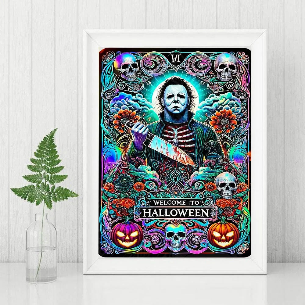 Colorful Halloween-themed diamond painting with a character holding a knife, surrounded by pumpkins and skulls, on a white wall.