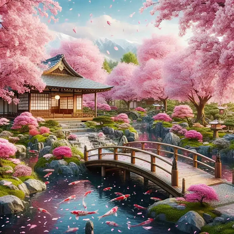 Beautiful bright pink deluxe 5D diamond painting kit featuring a traditional Japanese house, flowers, bridge and a pond full of bright swimming koi fish