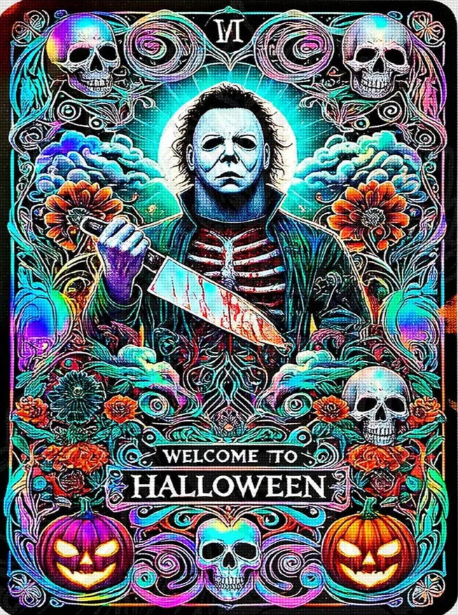 Diamond painting kit with a Halloween theme featuring a Jason holding a knife, surrounded by pumpkins and skulls.