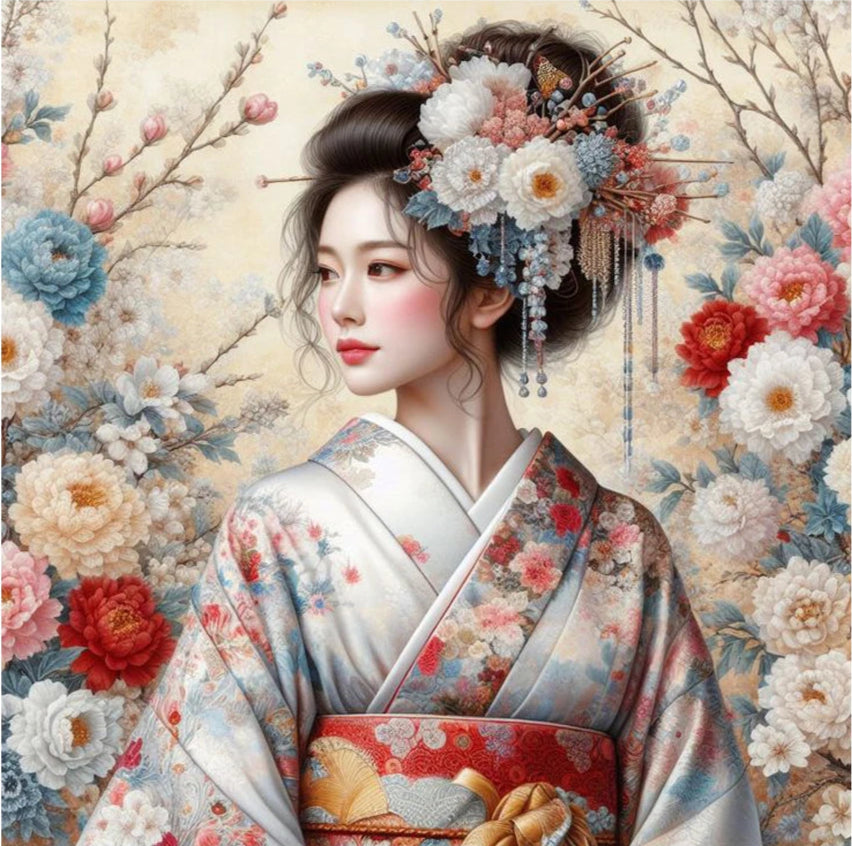 geisha Woman in traditional attire with floral headpiece and background 5D diamond Painting kit