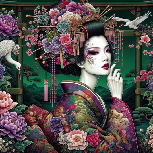 Artistic diamond painting depiction of a geisha surrounded by flowers and birds with a green background
