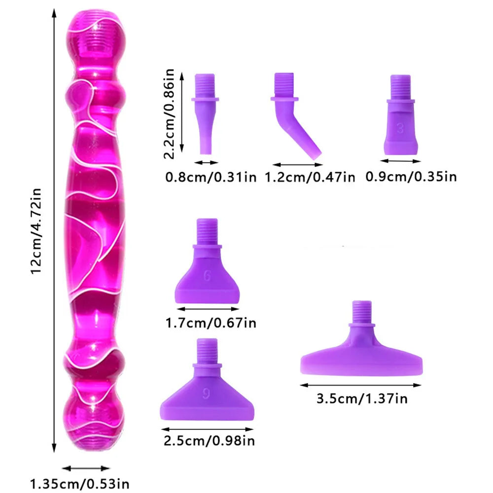 Purple and pink diamond painting tool with measurements of its components on a white background