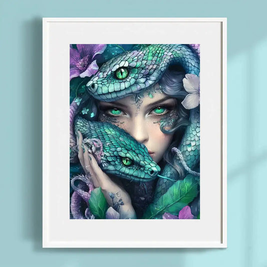 A vibrant and engaging Diamond painting of a mysterious woman with deep green eyes and 2 green snakes coiled around her in a minimalistic white frame mounted on a light blue wall. 