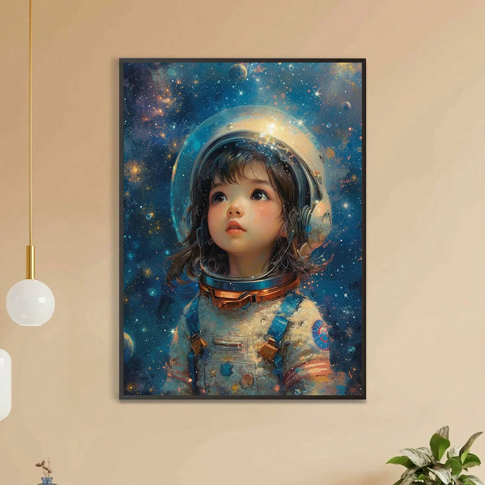 a 5D diamond painting kit featuring a cute little girl in an astronaut suit stares up into the sparkling heavens full of curiosity and wonder