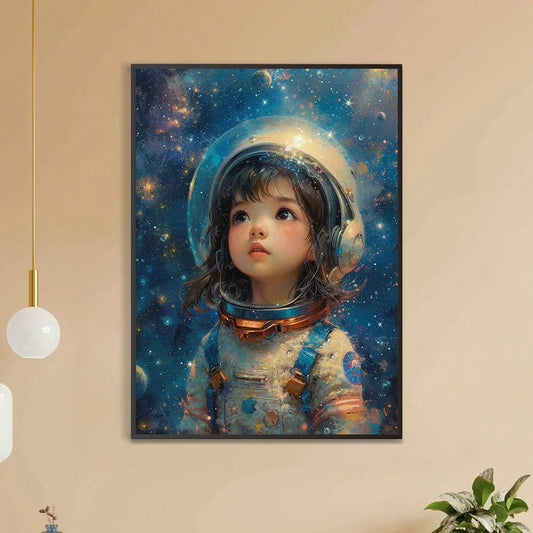 a 5D diamond painting kit featuring a cute little girl in an astronaut suit stares up into the sparkling heavens full of curiosity and wonder