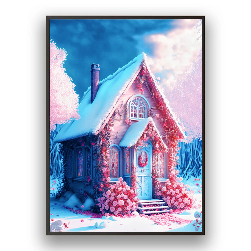 Pink Woodland Cottage DIY diamond painting kit with accessories