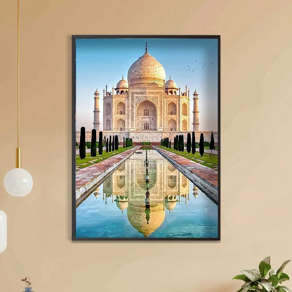 The Taj Mahal stands tall before the still waters of the al Hawd al-Kawthar, or the "Tank of Abundance." This name references a celestial pool described in the Qur'an, symbolizing the promise of paradise, which is the exact emotion this stunning high quality and unique diamond painting delivers