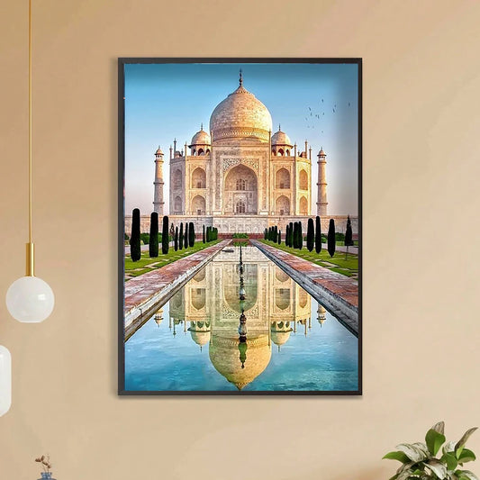 The Taj Mahal stands tall before the still waters of the al Hawd al-Kawthar, or the "Tank of Abundance." This name references a celestial pool described in the Qur'an, symbolizing the promise of paradise, which is the exact emotion this stunning high quality and unique diamond painting delivers