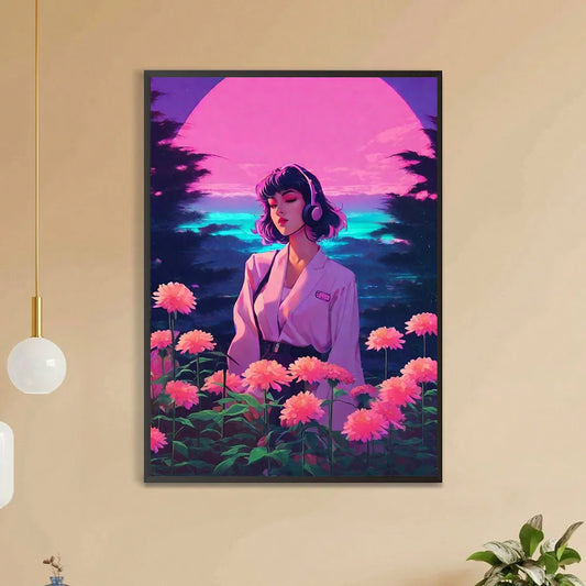 Front view of beautiful anime girl with short hair wearing earphones and standing in a field of vibrant pink flowers with a dazzling ocean and pink sunset in the background