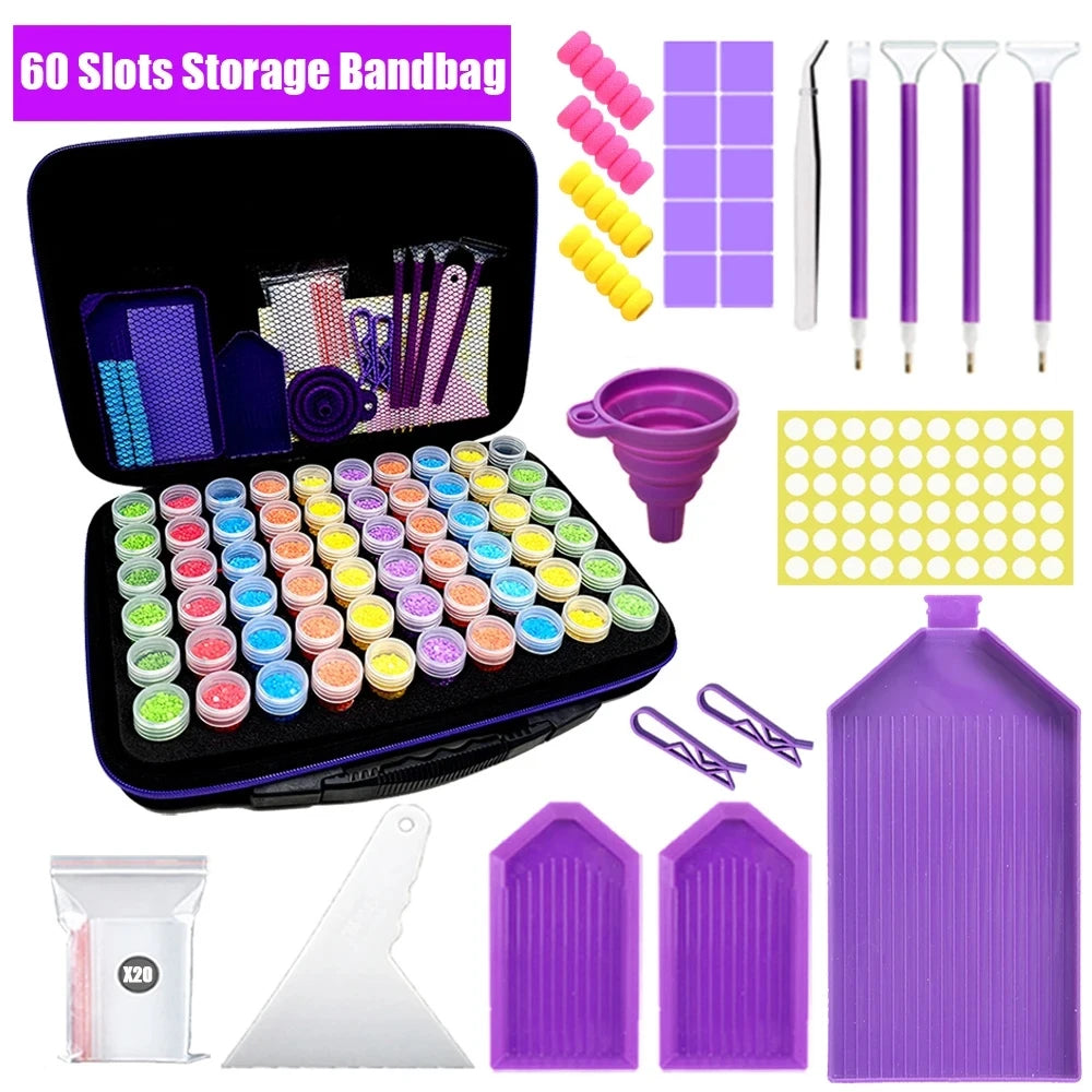 Purple Diamond painting zippered storage organizer case for 60 bottles, tools, trays, and accessories for drill storage and crafting