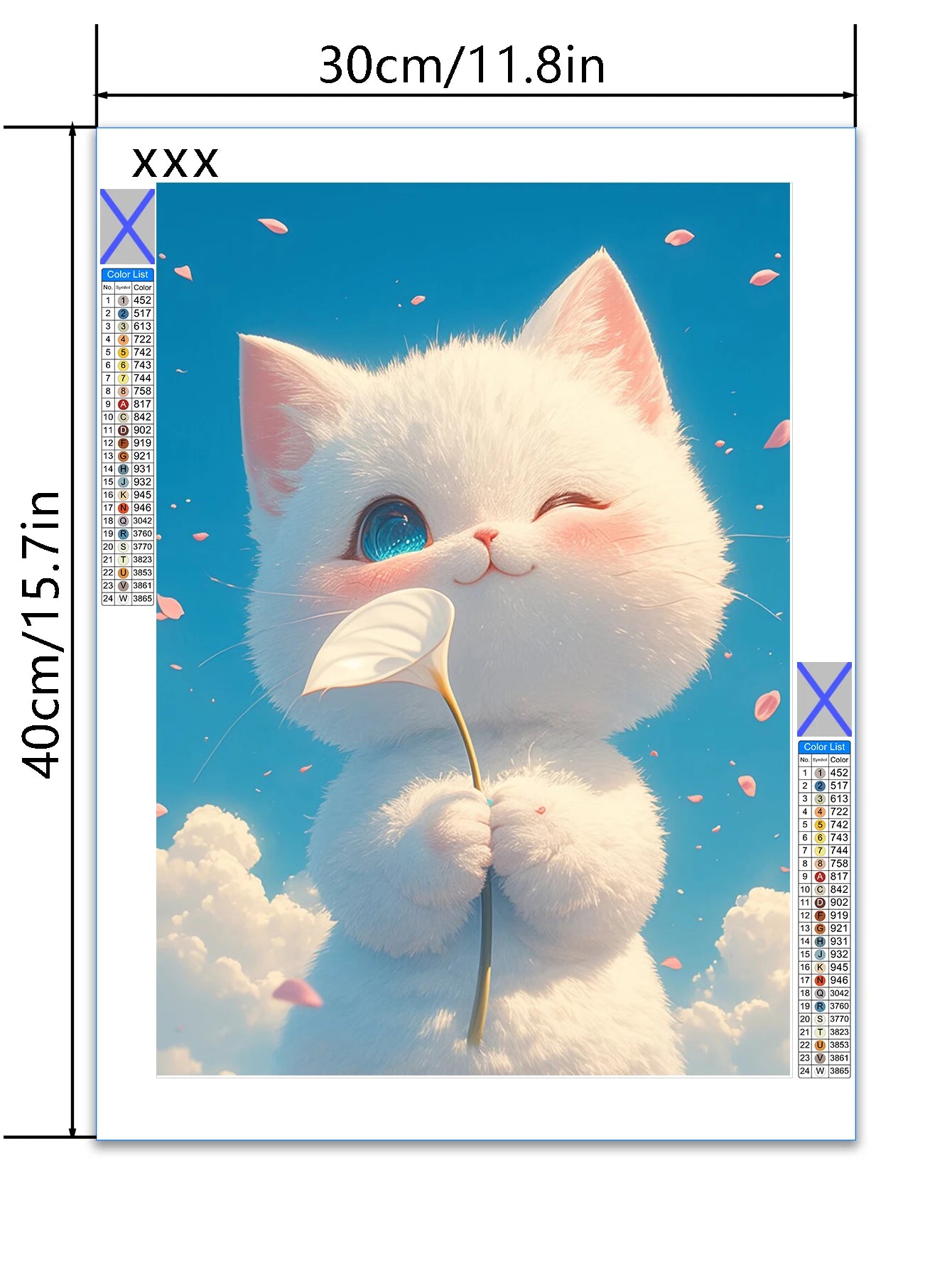 a diamond painting of a soft fluffy snowball white kitten clutches a white lily and winks playfully with his tiny face turned up to a dazzling blue sky