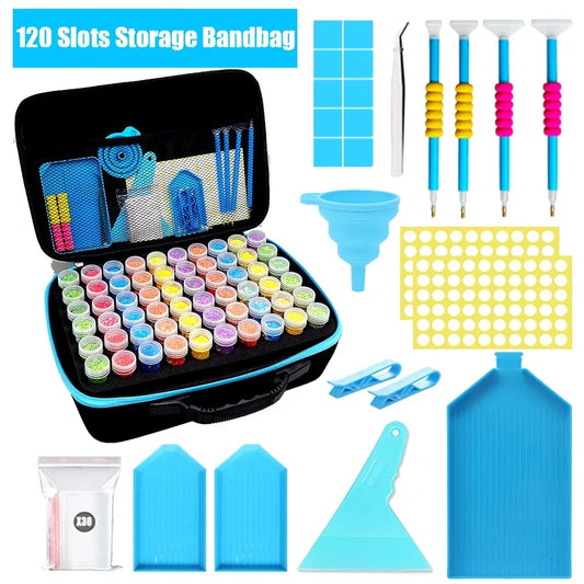 Diamond painting storage organizer kit with 120 bottles, tools, trays, and accessories for drill storage and crafting