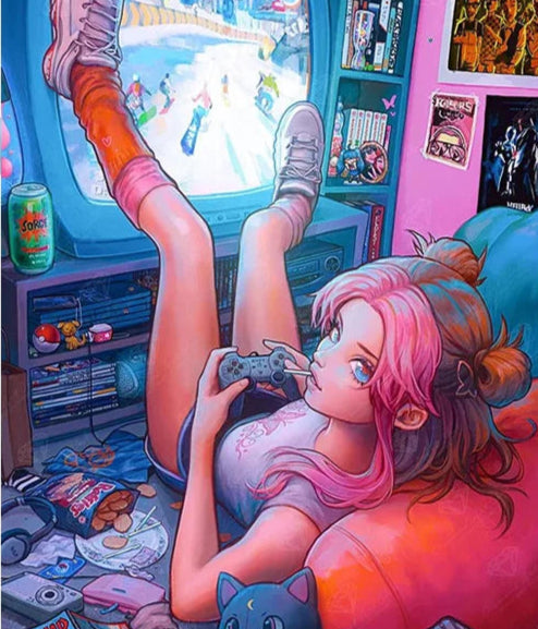 Gamer Girl 5D Diamond Painting Kit with Fairy Dust Diamond Drills