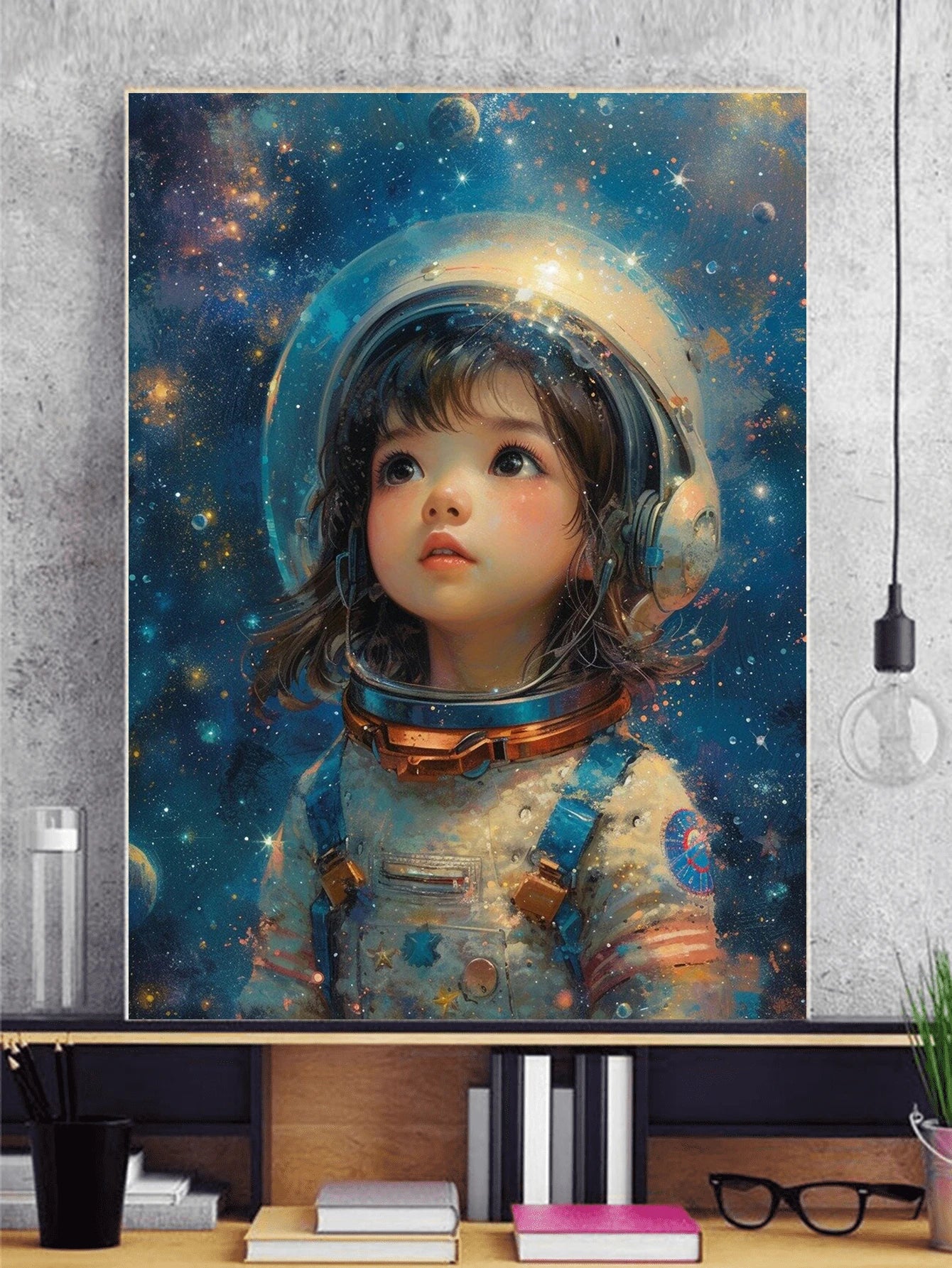 Full view of a 5D diamond painting kit  on a wall in an office featuring a cute little girl in an astronaut suit stares up into the sparkling heavens full of curiosity and wonder