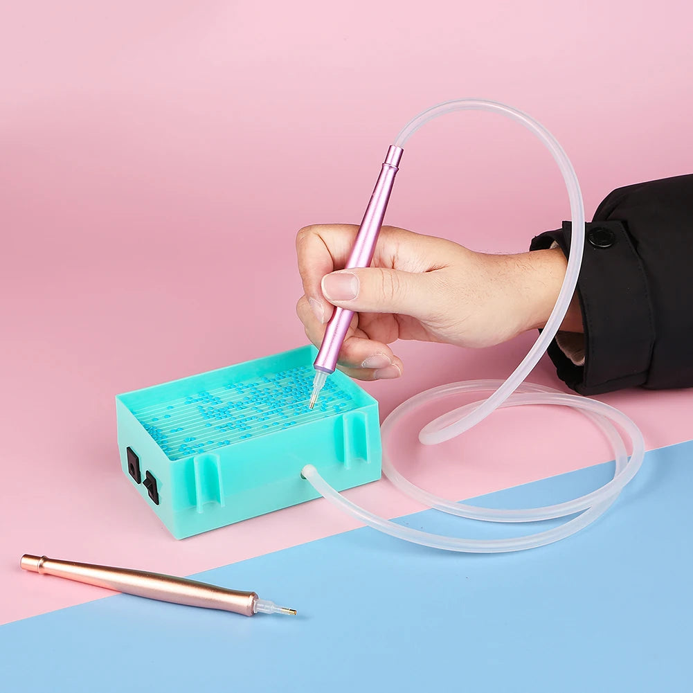 Electric diamond painting suction pen tool for precise diamond placement, USB-powered with no wax needed.